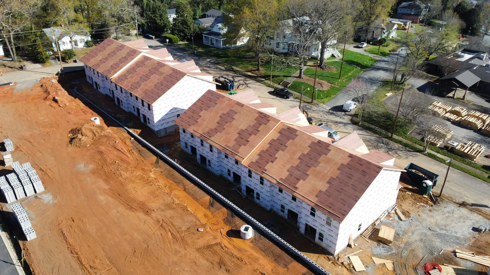 Townhome row framed and roofed